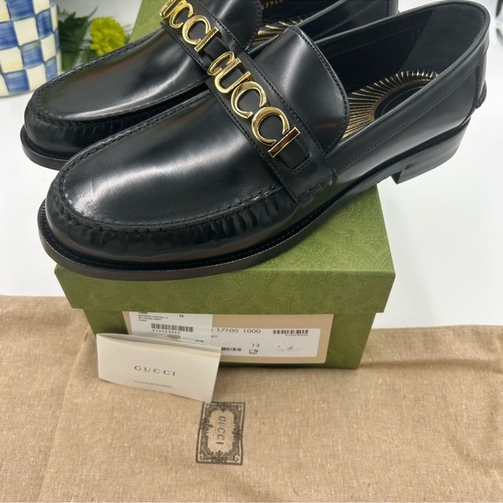 Men’s Gucci, gold logo, embellished, leather loafers size 13 made in Italy - Picture 4 of 9